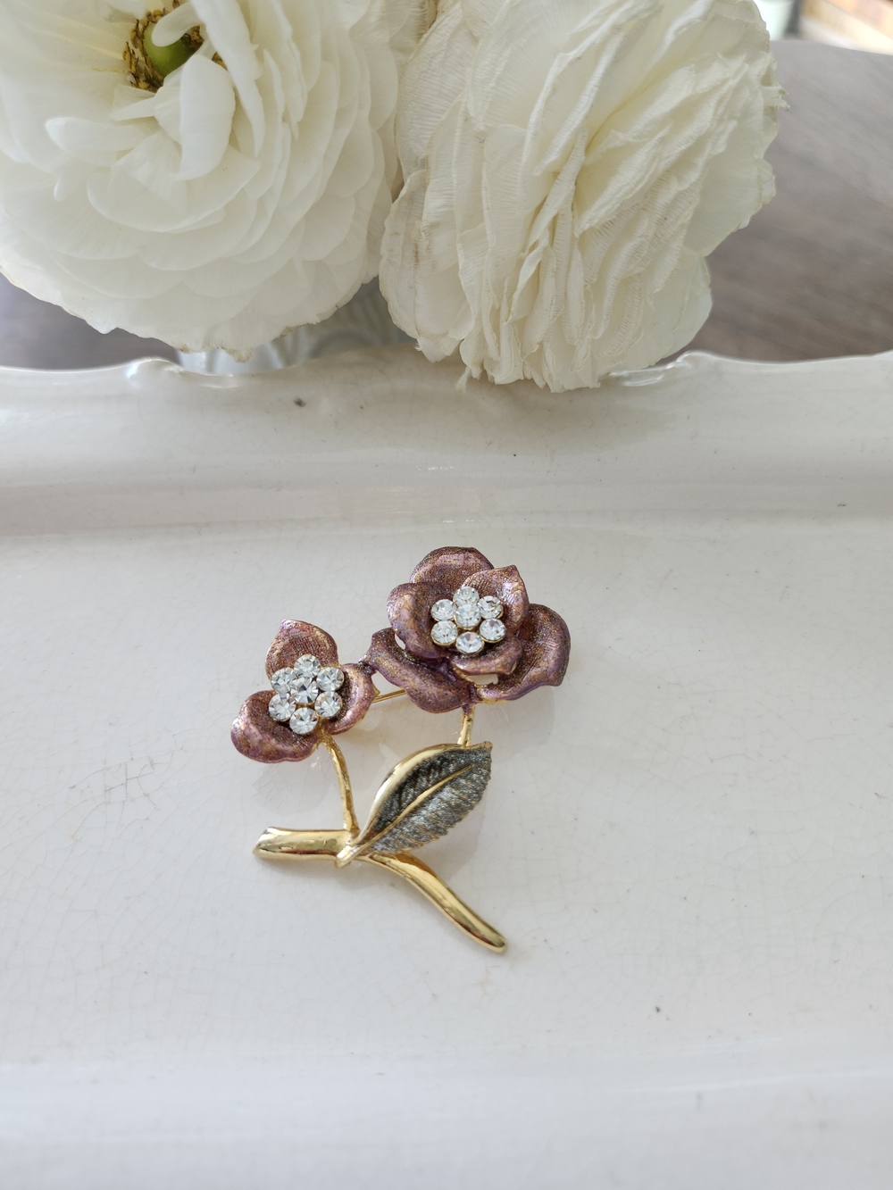 Vintage Pink Floral Brooch with Rhinestones and Gold-Tone Enamel